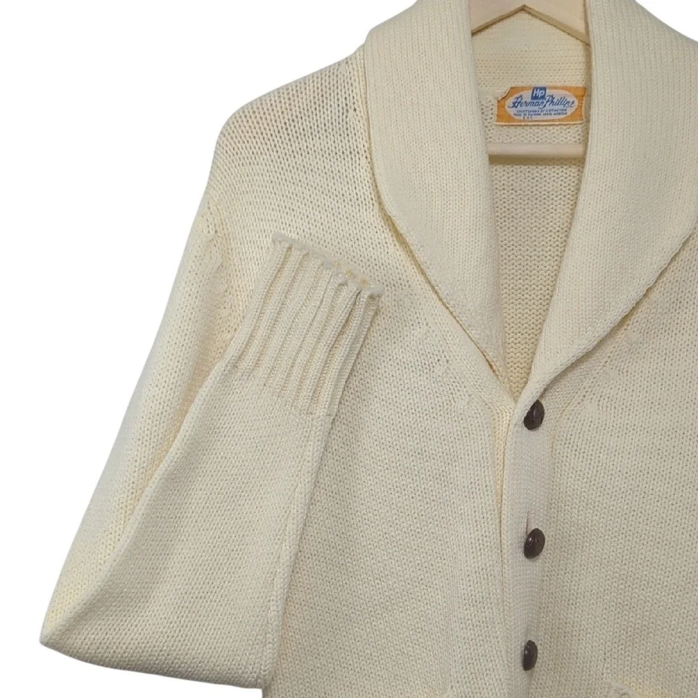 Vintage Herman Phillips Ivory Shawl Collar‎ Cardigan Sweater Preppy Heritage Med